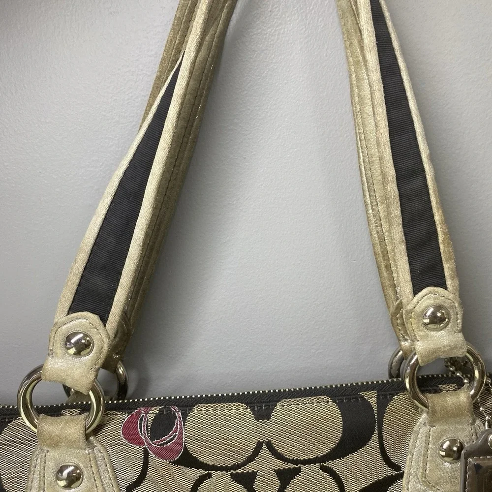 Coach Poppy Signature One Women Shoulder Bag Tan/Black/Pink 13x17x4" Need Clean - Picture 7 of 16